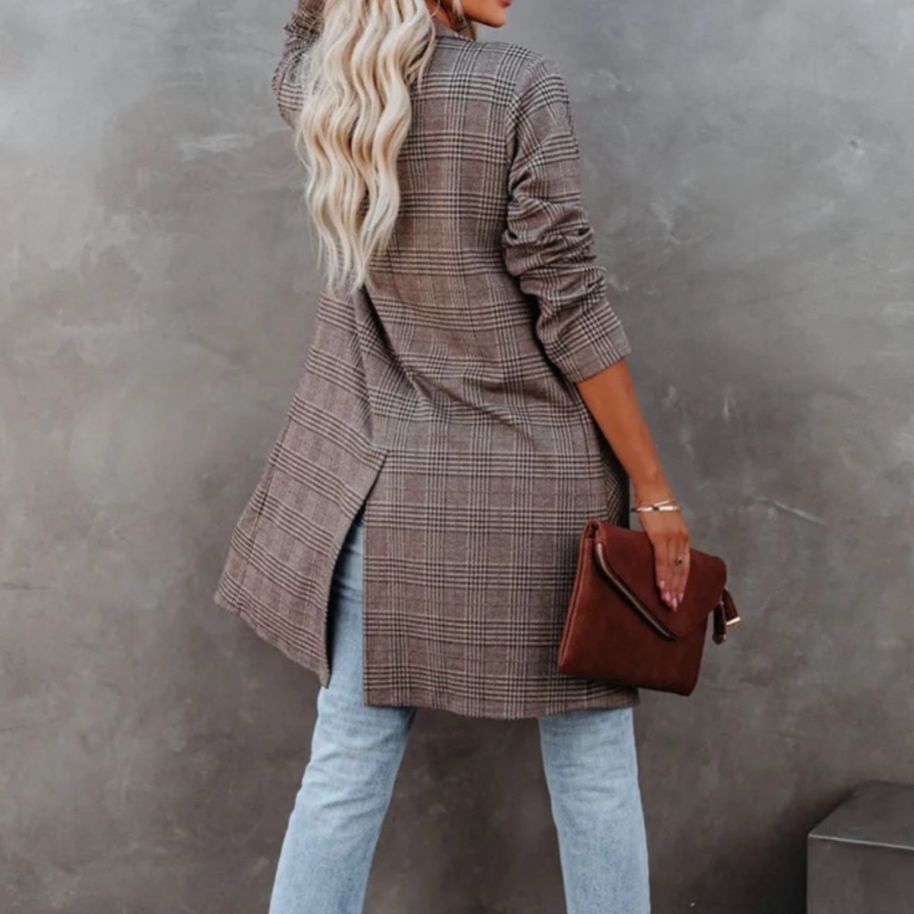 NWT En Creme Plaid Pocket Knit Coatigan Cardigan Coat Button Chocolate Taupe - Picture 3 of 10